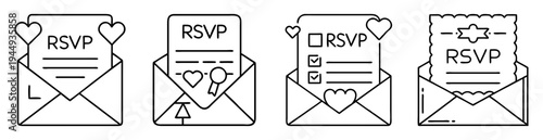 Four envelope invitations with RSVP requests and decorative details outline style