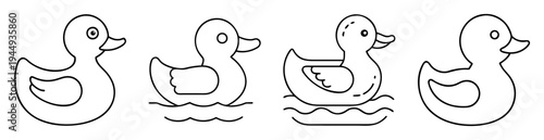 Line art illustration of four rubber ducks floating in a simple water scene