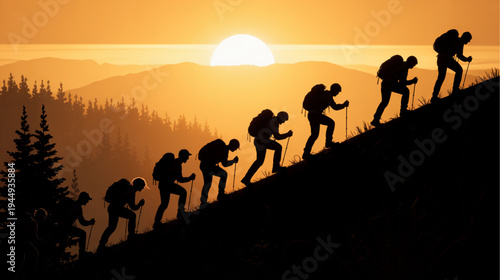 Vector silhouette of hikers climbing mountain at sunset