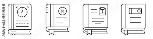minimalist line art illustration of four books representing diverse subjects