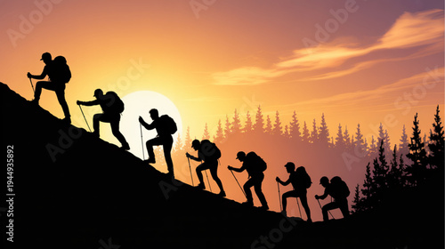 Vector silhouette of people hiking up a hill at sunset