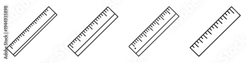 Four rulers in varying angles and with different spacing marks in black outline
