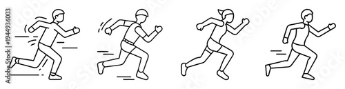Four cartoon runners in black outline showing diverse headwear styles
