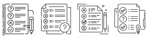 Black and white line art illustration of four different questionaries