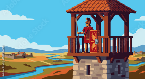Roman Soldier on Watch Tower

Flat vector illustration of a Roman soldier standing on a watch tower overlooking surrounding land. Helmet, spear, and shield visible. Flat vector style,