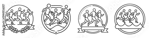Collection of running race icons featuring stick figures and banners