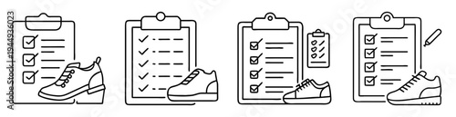 Four clipboards with checklists and running shoes vector black line art
