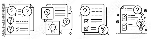 Outline icon set depicting inquiry process, problemsolving and solution finding concepts