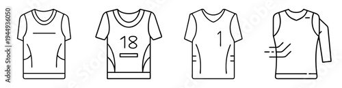 Outline illustration of four sport jerseys featuring different numbers and styles