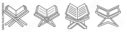 Four different variations of an open book on a stand line art