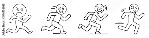 Four stick figures displaying different emotions while running in black outline