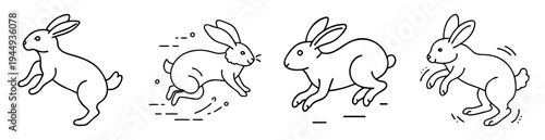 Four cartoon rabbits in different positions showing movement in black outlines