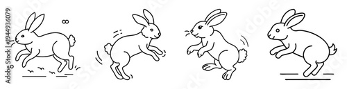 Four adorable cartoon rabbits running and jumping in a playful sequence