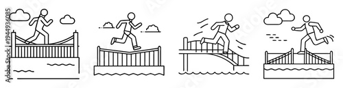 Four minimalist line art depictions of a stick figure running on bridges