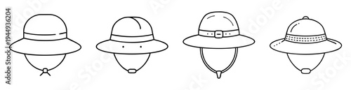 Outlined image of four unique pith helmets with different designs