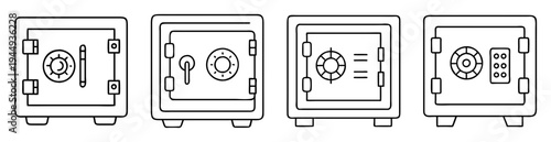 Four variations of line art style security safes with different locking mechanisms