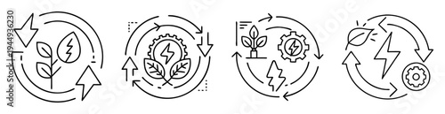 Renewable energy sources and cycles represented in various clean line art icons