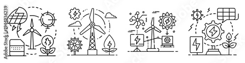 Four minimalist line art compositions depicting different renewable energy sources