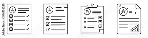 Four sheets of paper, all displaying the letter A and checklists