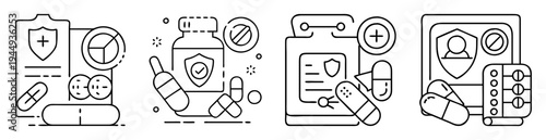 Outline illustration showcasing pharmaceutical health and safety with various medications and protection symbols