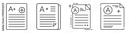 Line art illustration of four A+ grade papers, representing academic excellence