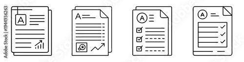 Collection of four business document icons with grade A and positive signs