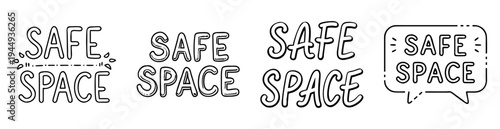 Black and white line art illustrations of safe space text designs