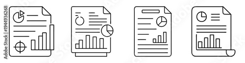 Four documents exhibiting financial data in chart form using bar and pie graphs
