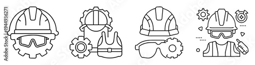 Line art collection of construction worker protective safety equipment and tools