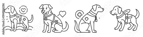 Four adorable service dogs are depicted in a line art style