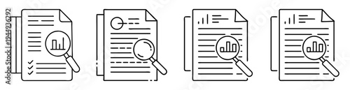 Icons depicting financial analysis and document review with magnifying glass