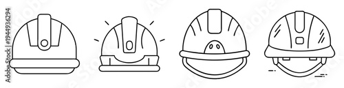 Collection of different outline styled construction worker safety helmet icons