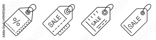Black and white vector line drawing of sale and discount tags