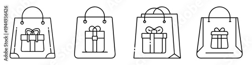Four shopping bags with gift boxes, minimalist line art illustration
