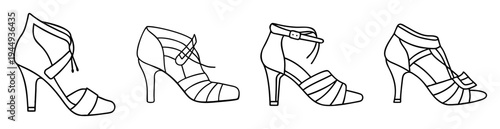 Outline drawing showcasing four different styles of high heel sandals vector illustration