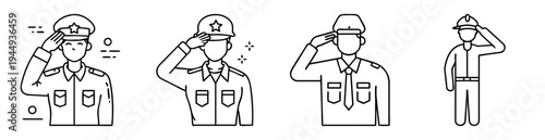 Line art illustration depicting diverse uniformed individuals rendering a respectful salute