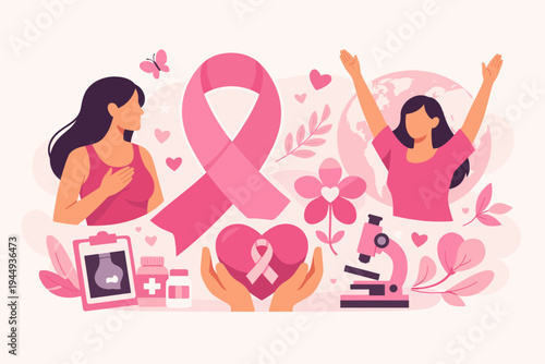 Breast Cancer Awareness Month Banner Concept with Pink Ribbon, Women's Health Prevention, Medical Research Microscope, Mammogram Scan, and Survivor Celebration Flat Vector Illustration