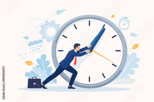 Businessman in suit trying to stop time by pushing the hand of a giant clock, concept of deadline pressure, time management, stress at work, and productivity, flat vector illustration.