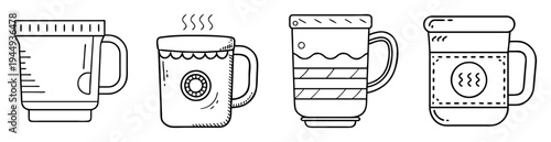 Line art collection of mugs in various designs and styles, black and white