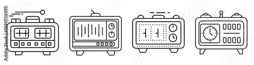 Line art illustrations of vintage alarm clocks and radios in retro style