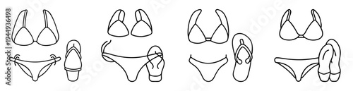 Black and white line art depicting various swimsuits and flipflops