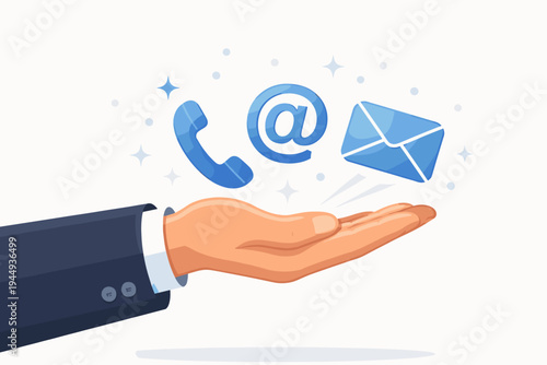 Businessman Hand Holding Contact Us Symbols and Communication Icons for Customer Support, Telephone, Email, and Web Messaging Services, Professional Flat Vector Illustration on White Background