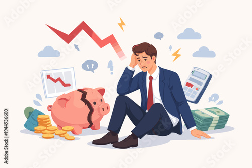 Sad Businessman Sitting on Floor with Broken Piggy Bank and Downward Trend Arrow Representing Financial Crisis, Debt, Bankruptcy, Economic Loss, and Money Problems Flat Vector Illustration Design.