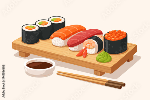 Vector illustration of a delicious Japanese sushi set on a wooden tray with maki rolls, salmon and tuna nigiri, shrimp, salmon roe gunkan, wasabi, soy sauce, and chopsticks on a light background.