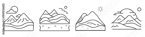 Outlined mountain range landscapes with sun and clouds in a flat design style