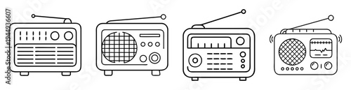 Four vintage radios with antennas and various dials depicted in line art