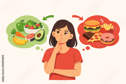Flat vector illustration of a woman deciding between healthy food like salad, avocado, and fruit versus junk food like burgers, pizza, and donuts, representing diet choices and nutrition.
