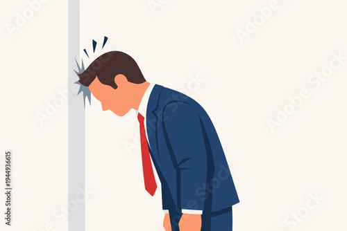 Stressed businessman in a blue suit and red tie banging his head against a wall in frustration, representing burnout, failure, work pressure, mental exhaustion, and professional despair.