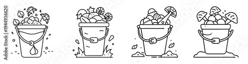 Four outlined buckets filled with unique contents on plain white background