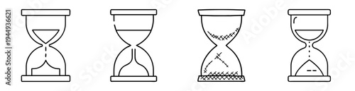 Set of four sand timers or hourglasses with various design styles